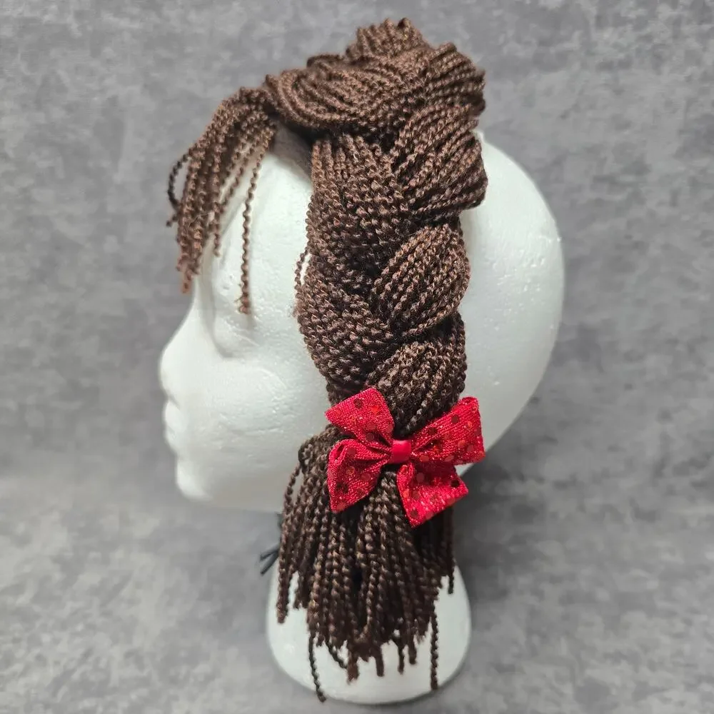 Brown Yarn Braided Hair In Pigtails with Red Bow Adjustable Strap Costume Wig